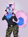 anthro backwards_baseball_cap backwards_hat barely_visible_pawpads baseball_cap big_breasts blue_body blue_eyes blue_fur blue_nose blue_pawpads bottomwear breasts camo camo_bottomwear camo_clothing camo_pants camo_print clothed clothing countershading dark_sclera female female_anthro fluffy fluffy_hair fluffy_tail fur hair hat headgear headwear heart_eyes heart_symbol looking_at_viewer pants pattern_bottomwear pattern_clothing pattern_pants pawpads pink_hair reverse_countershading scene_haircut slim_anthro slim_female solo sparklefur standing tail tomboy kolae sif kolae_(character) canid canine canis domestic_dog husky mammal nordic_sled_dog spitz 2023 collaboration colored hi_res shaded signature