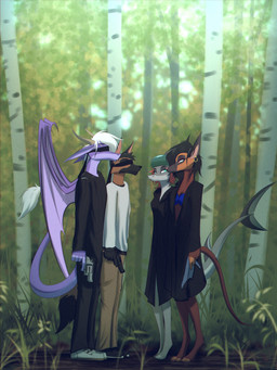 anthro blindfold bottomwear bra breasts brown_body brown_fur clothed clothing digitigrade ear_piercing ear_ring feet female fingers footwear forest fur group gun hair half-closed_eyes handgun high_heels holding_clothing holding_footwear holding_gun holding_handgun holding_object holding_pistol holding_ranged_weapon holding_revolver holding_shoes holding_weapon horn male narrowed_eyes outside pants piercing pistol plant ranged_weapon revolver ring_piercing shirt shoes standing tail toes topwear tree underwear weapon wings frostbite80 mythology zerrin_(frostbite80) aquatic canid canine canis domestic_dog dragon fish herding_dog malinois_dog mammal mythological_creature mythological_scalie pastoral_dog scalie shark sheepdog absurd_res digital_media_(artwork) hi_res