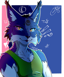 anthro blue_body blue_fur clothing ember_eyes facial_markings forehead_markings fur head_markings malcolm_felins male markings pattern_background pointy_ears shirt simple_background solo tank_top tongue tongue_out topwear white_fur_tuft definitely_not_volress felid feline lynx mammal headshot_portrait hi_res portrait