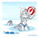 anthro areola ball beach beach_ball bikini blue_eyes breasts clothed clothing female fur hair hair_over_eye holding_object inflatable inner_ear_fluff markings navel nipples one_eye_obstructed open_mouth seaside simple_background solo spots spotted_body spotted_fur swimming swimwear topless topless_female tuft two-piece_swimsuit wardrobe_malfunction water wet wet_body wet_fur doc_nickel the_whiteboard pirta_(the_whiteboard) felid mammal pantherine snow_leopard