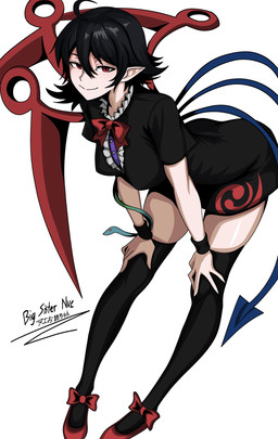 absolute_territory ambiguous_feral ambiguous_gender black_clothing black_dress black_hair black_legwear black_thigh_highs breasts clothing dress duo female female_humanoid feral footwear hair hands_on_knees hands_on_legs hands_on_own_knees hands_on_own_legs humanoid_focus humanoid_pointy_ears leaning leaning_forward legwear looking_at_viewer not_furry_focus pointy_ears red_clothing red_eyes red_footwear red_shoes shoes short_dress simple_background smile solo_focus thigh_highs unusual_anatomy unusual_wings white_background wings kinoshii-shroom touhou nue_houjuu humanoid reptile scalie snake winged_humanoid hi_res