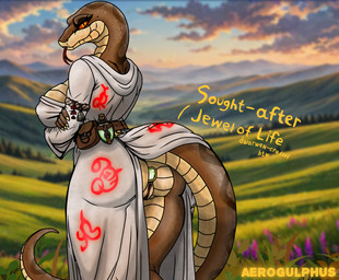 anal anal_penetration anthro belt_pouch big_breasts bottomless breasts brown_body brown_scales butt buttplug buttplug_in_ass buttplug_insertion cleavage clothed clothing cutout female field flower gem genitals hands_under_breasts landscape_background looking_at_viewer magic_user markings non-mammal_breasts object_in_ass orange_eyes penetration plant plug_(sex_toy) plug_insertion potion_bottle presenting red_markings robe robe_lift robe_only runes scales sex_toy sex_toy_in_ass sex_toy_insertion solo standing sunset supporting_breasts text tongue tongue_out vulva aerogulphus reptile scalie snake english_text