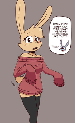 anthro blush bottomless buckteeth clothed clothing female legwear male offscreen_character oversized_clothing oversized_topwear profanity shoulderless_sweater simple_background speech_bubble stockings tail tail_motion tailwag teeth text topwear agidyne rose_(agidyne) stephen_(agidyne) lagomorph mammal english_text hi_res cousins_(lore)
