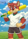 anthro bat_(object) black_bottomwear black_clothing black_shorts bottomwear brown_eyes brown_nose clothed clothing cloud cricket_bat day fur grass green_clothing green_shirt green_t-shirt green_topwear hair hand_on_hip hand_on_own_hip holding_object male multicolored_body multicolored_bottomwear multicolored_clothing multicolored_fur multicolored_shirt multicolored_shorts multicolored_t-shirt multicolored_topwear orange_body orange_fur outside plant pose red_body red_ears red_fur red_hair red_tail shirt shorts solo standing t-shirt tail text topwear two_tone_body two_tone_bottomwear two_tone_clothing two_tone_fur two_tone_shirt two_tone_shorts two_tone_t-shirt two_tone_topwear white_bottomwear white_clothing white_shirt white_shorts white_t-shirt white_topwear zack_collins bluey_(series) rusty_(bluey) australian_kelpie canid canine canis domestic_dog herding_dog mammal pastoral_dog sheepdog 2025 absurd_res artist_name hi_res