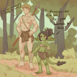 5_fingers 5_toes bandage bandaged_arm bandeau barefoot belly big_ears biped black_text blush blush_lines bottomwear breasts brown_bottomwear brown_clothing brown_loincloth circle_eyebrows closed_smile clothed clothed_female clothed_human clothed_humanoid clothed_male clothing crotch_lines dark_eyebrows dark_hair dark_tuft day dialogue duo ear_piercing eyebrow_through_hair eyebrows eyes_closed feet female female_humanoid fingers forest forest_background freckled_arms freckled_belly freckled_chest freckled_ears freckled_face freckled_hips freckled_legs freckled_shoulders freckled_tail freckled_thighs freckles front_view fully_clothed fully_clothed_female fully_clothed_humanoid grass green_body green_skin green_tail grey_bandeau grey_clothing grey_eyebrows grey_hair grey_tail_tuft grey_topwear grey_tuft grin hair hands_on_hips iris jewelry larger_human larger_male light_body light_eyebrows light_hair light_skin loincloth long_ears long_tail male male_human melee_weapon midriff mouth_closed muscular muscular_human muscular_male nature nature_background navel necklace nipples not_furry outside piercing plant plantigrade polearm ponytail pupils red_eyes serratus short_hair shrub size_difference slim slim_female slim_humanoid small_breasts smaller_female smaller_humanoid smile spear standing tail tail_tuft tan_body tan_eyebrows tan_hair tan_nipples tan_skin text toes topless topless_human topless_male topwear translucent translucent_hair tree tribal tribal_clothing tuft weapon white_jewelry white_necklace white_sclera tateoftot goblin human humanoid mammal tailed_humanoid 1:1 english_text hi_res