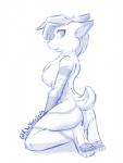 4_toes anthro biped breasts butt butt_pose detailed_background digitigrade feet female fur kneeling pawpads pose simple_background smile soles solo toes white_background infinitedge rheyare felid feline lynx mammal 2018 blue_and_white digital_media_(artwork) hi_res monochrome sketch