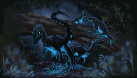 ambiguous_gender bioluminescence claws detailed_background feathers feral forest glowing glowing_eyes group night outside plant shrub tail tree unknown_artist compsognathid compsognathus dinosaur feathered_dinosaur feathered_scalie prehistoric_species reptile saurischian scalie theropod source_request
