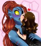 blue_body blue_skin blush bodily_fluids brown_hair chibi clothed clothing duo eye_patch eyewear fangs female gills hair kissing larger_female male red_hair shirt size_difference smaller_male sweat sweatdrop teeth topwear yellow_eyes patheticdeku undertale undertale_(series) vinesauce joel_(vinesauce) undyne fish human mammal marine 2015 hi_res signature