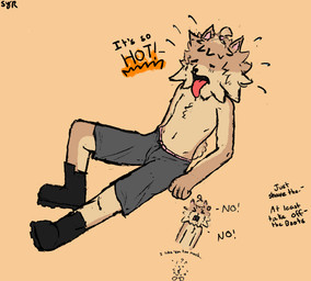 anthro black_boots black_clothing black_footwear bodily_fluids boots bottomwear brown_body brown_fur chibi clothing footwear fur male shirtless shirtless_anthro shirtless_male shoes shorts sitting solo sweat tan_body tan_fur yelling styxyesrenegade epic_games fortnite fetch_(fortnite) canid canine canis domestic_dog mammal pomeranian spitz hi_res