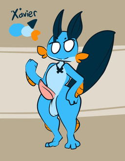 3_toes anthro balls big_balls big_penis blue_balls blue_body blue_scales erection feet fin fist genitals hand_on_hip head_fin looking_at_viewer male male_anthro no_pupils nude pattern_background penis pink_penis raised_arm scales simple_background smile solo striped_background tan_background tapering_penis text thick_thighs toes white_eyes thefablednekos nintendo pokemon xavier_(thefablednekos) generation_3_pokemon pokemon_(species) swampert 2020 character_name digital_media_(artwork) hi_res