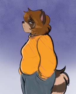 anthro bangs black_nose blue_background bottomwear breasts brown_body brown_fur brown_hair brown_tail clothed clothed_anthro clothing dotted_background eyelashes female female_anthro fully_clothed fully_clothed_anthro fur grey_bottomwear grey_clothing grey_eyes grey_pants hair half-closed_eyes hand_in_pocket markings medium_hair mouth_closed multicolored_body multicolored_fur narrowed_eyes orange_clothing orange_sweater orange_topwear pants pattern_background pink_inner_ear pockets sad side_view simple_background solo standing striped_markings striped_tail stripes sweater tail tail_markings tan_stripes tears_of_sadness thick_thighs topwear two_tone_tail ractoons raquel_(ractoons) mammal procyonid raccoon 2023 digital_drawing_(artwork) digital_media_(artwork) hi_res portrait spanish_description three-quarter_portrait