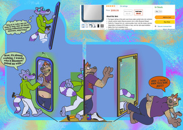 altered_reflection anthro barefoot bottomwear clothing dialogue feet green_clothing green_shirt green_topwear hammer holding_hammer holding_object holding_tool male mirror navel overweight overweight_anthro overweight_male pants reflection shirt simple_background solo species_transformation surprised tail text thought_bubble tools topwear transformation weight_gain larathelabrat amazon_(company) ness_(larathelabrat) hyena mammal procyonid raccoon 2021 digital_media_(artwork) english_text