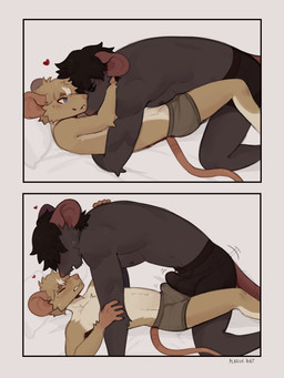 anthro anthro_on_anthro arm_tuft blue_eyes blush bodily_fluids bulge bulge_frottage clothing cuddling detailed_bulge duo elbow_tuft erection erection_under_clothing frottage frottage_through_clothing fur genital_outline grey_body grey_fur hug hugging_another looking_pleasured lying male male/male male_anthro male_on_bottom male_on_top on_back on_bottom on_top penile penis_outline penises_touching romantic sex size_difference smile tan_body tan_fur tuft underwear plaguerat caleb_(plaguerat) doug_(plaguerat) mammal mouse murid murine rat rodent 3:4 absurd_res comic hi_res