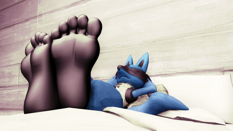 5_toes ambiguous_gender anthro barefoot bed bedding blanket crossed_legs feet foot_fetish foot_focus furniture humanoid_feet inside pillow plantigrade relaxing sleeping soles solo toes ryoosakuling nintendo pokemon generation_4_pokemon lucario pokemon_(species) 16:9 3d_(artwork) digital_media_(artwork) hi_res source_filmmaker_(artwork) widescreen