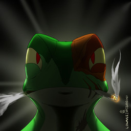anthro backlighting burn_scar cigarette cigarette_in_mouth face_in_shadow facial_scar light male object_in_mouth red_eyes scar smoke smoke_from_mouth solo yellow_sclera lownleinhigh wralf_airrick_rockhold amphibian frog tree_frog 1:1 2021 bust_portrait hi_res lighting portrait signature