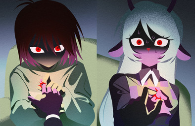5_fingers anthro blonde_hair bodily_fluids brown_hair clothing duo female fingers furniture hair hand_holding horn long_hair male male/female pg5374 red_eyes red_nose ring simple_background snowgrave sofa sweat sweatdrop sweater thorn_ring topwear deltarune undertale_(series) kris_dreemurr noelle_holiday deer human mammal 2026 hi_res