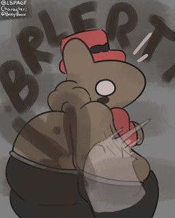 ambiguous_gender anthro black_bottomwear black_clothing black_pants blush bottomwear bottomwear_down buncolate_(bassybocco) butt_slap candy chocolate clothed clothing dessert duo fart fart_cloud fart_fetish farting_at_viewer food hat headgear headwear motion_lines onomatopoeia pants pants_down partially_clothed paws red_clothing red_topwear scut_tail short_tail slap sound_effects surprised tail text topwear lspagf absurd_res hi_res