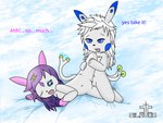 4:3 blue_cheeks blue_eyes breasts canid canine clitoris duo electricity female fox fur genitals hair hi_res humanoid male male/female mammal navel open_mouth penetration penis pink_ears purple_hair pussy sex shivaa_snow silavos silavos_snow spread_legs spreading text vaginal vaginal_penetration watermark white_body white_fur