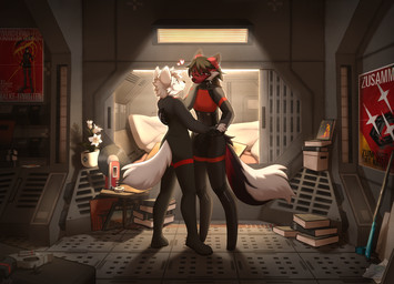alternate_species ambiguous_gender anthro bed black_body black_fur book brown_hair bullet bunk_bed clothed clothing dancing detailed_background digitigrade duo eye_contact female fluffy fluffy_tail fur furniture furrification german_flag gun hair hand_holding hand_on_back handgun heart_symbol hug inside light looking_at_another looking_at_partner machine multicolored_body multicolored_fur pillow plant plant_pot plantigrade poster potted_plant pupils ranged_weapon red_body red_eyes red_fur red_pupils revolver romantic romantic_couple shadow smile standing tail text weapon white_body white_fur white_hair ruddi signalis ariane_yeong elster_(lstr-512) android canid canine mammal robot 2025 artist_name digital_media_(artwork) german_text hi_res lighting signature translated