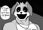 anthro canid canine canis comic creepy_smile dialogue dirty_talk dogday_(poppy_playtime) domestic_dog english_text half_body_sketch male mammal mob_entertainment monochrome mumu202 muscular muscular_male poppy_playtime shocked smile smiling_critters solo text