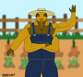 4_arms anthro biceps clothing farm farmer food greeting hat headgear headwear male multi_arm multi_limb musclegut muscular muscular_male overalls plant solo vegetable danewolf_(artist) bill_the_weevil arthropod beetle insect weevil digital_drawing_(artwork) digital_media_(artwork) hi_res