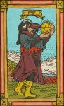 beak card card_template clothed clothing cloud facial_hair fortune_telling fur hair holding_object male minor_arcana occult_symbol outside page_of_pentacles_(tarot) pentacle pentacles_(tarot) sky solo standing symbol tarot tarot_card text yellow_sclera musorok avian english_text