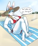 4_toes 5_fingers anthro beach bikini blonde_hair blue_eyes breasts clothed clothing feet female fingers foot_fetish frown fur hair hat headgear headwear humanoid_feet humanoid_hands looking_at_viewer mature_anthro mature_female micro_bikini nipple_outline outside overweight overweight_anthro overweight_female paws plantigrade ponytail pose red_bikini red_clothing red_swimwear seaside side-tie_bikini skimpy skimpy_bikini skimpy_swimwear soles solo string_bikini sun_hat swimwear teasing text thick_thighs toes towel two-piece_swimsuit white_body white_fur bluebun lagomorph leporid mammal rabbit english_text hi_res pinup