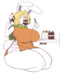 anthro big_breasts breasts cake clothing dessert dress eating female food kneeling orange_clothing orange_dress side_slit side_slit_clothing side_slit_dress solo thick_thighs joylewds one_piece carrot_(one_piece) lagomorph leporid mammal rabbit absurd_res hi_res