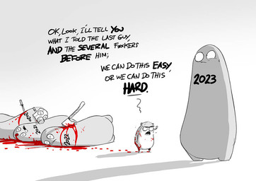 ambiguous_gender angry anthro axe biped blood bloody_footprint bodily_fluids death eyebrows featureless_crotch footprint gas_mask group knife mask nude open_mouth text tongue tongue_out unibrow x_eyes conditional_dnp jollyjack jolly_jack_(character) cricetid hamster mammal rodent unknown_species 2023 english_text greyscale monochrome male_(lore)