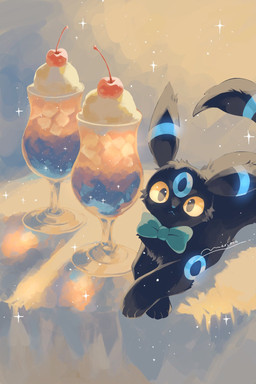 ambiguous_gender beverage black_body black_fur bow_tie cherry feral food fruit fur looking_at_viewer lying markings on_front parfait_(dessert) paws plant ring_(marking) solo sparkles tail yellow_eyes merino_9999 nintendo pokemon eeveelution generation_2_pokemon mammal pokemon_(species) shiny_pokemon umbreon 2025 2:3 hi_res signature