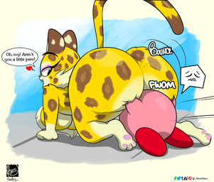all_fours anthro big_butt breasts butt countershading duo female fur huge_butt larger_female markings size_difference spots spotted_body spotted_fur stinkface thick_thighs wide_hips rarehare kirby_(series) kirby_and_the_forgotten_land nintendo clawroline kirby felid leopard mammal pantherine hi_res