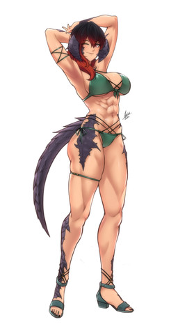 abs athletic athletic_female bikini black_hair breasts clothing female grey_body grey_scales hair horn multicolored_hair one_eye_closed quads red_hair scales solo swimwear tail two-piece_swimsuit airisubaka final_fantasy final_fantasy_xiv square_enix animal_humanoid au_ra humanoid scalie scalie_humanoid 2026 absurd_res hi_res