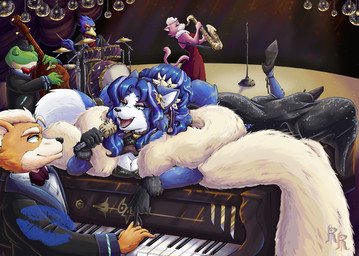 5_fingers anthro bass_drum bass_guitar black_nose blue_body blue_feathers blue_fur blue_hair bowed_string_instrument breasts clothed clothed_anthro clothed_female clothing cymbals double_bass dress drum drum_set electronics feathers female fingers footwear fur grand_piano group guitar hair high_heels holding_microphone holding_object humanoid_hands keyboard_instrument kiss_mark male male/female microphone microphone_stand musical_instrument open_mouth open_smile orange_body orange_fur percussion_instrument piano pink_body pink_fur plucked_string_instrument saxophone shoes singing smile string_instrument suit tenor_saxophone tom_drum tongue white_body white_fur white_hair wind_instrument woodwind_instrument gomerz22 nintendo star_fox falco_lombardi fox_mccloud katt_monroe krystal_(star_fox) slippy_toad amphibian avian bird canid canine domestic_cat felid feline felis fox frog mammal toad_(frog) colored