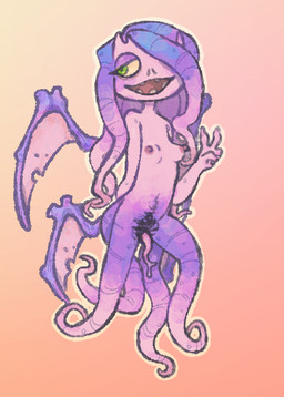abstract_background areola breasts genitals gesture gynomorph half-closed_eyes hand_behind_back hand_gesture intersex narrowed_eyes nipples one_eye_obstructed open_mouth penis penis_tentacles pink_body pseudo_hair pubes purple_body slit_nostrils small_breasts smile solo tentacles v_sign wings ghoulshoot big_blue_bubble my_singing_monsters epic_monster_(my_singing_monsters) epic_whisp_(my_singing_monsters) ethereal_monster humanoid tentacle_creature whisp_(my_singing_monsters) winged_humanoid