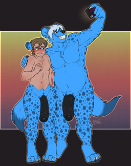 anthro big_penis blush duo foreskin fur genitals hair huge_penis humanoid_genitalia humanoid_penis hyper hyper_genitalia hyper_penis male male/male nude overweight overweight_male partial_transformation penis simple_background tail transformation blizzieart ian_(twile) kraven_lupei human humanoid hyena mammal spotted_hyena absurd_res hi_res