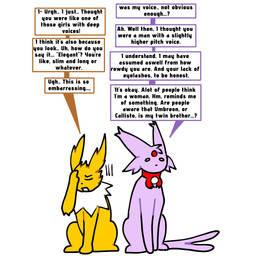 2_tails bell bell_collar black_eyes collar dialogue duo embarrassed eyes_closed female femboy feral fur gem gender_confusion hand_on_own_head long_ears male male/female multi_tail multicolored_body neck_tuft open_mouth purple_body ribbons simple_background sitting speech_bubble tail tailless text tomboy tuft unusual_anatomy unusual_tail white_background white_tuft yellow_body yellow_fur randomayy nintendo pokemon eeveelution espeon generation_1_pokemon generation_2_pokemon jolteon pokemon_(species) 1:1 comic english_text hi_res