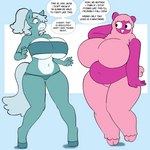 anthro anthrofied bandeau belly big_breasts black_eyes blue_hair breasts clothing crop_top dialogue duo female fur green_body hair hand_behind_head hooves huge_breasts implied_transformation midriff navel open_mouth pink_body pink_fur pink_wool pose potbelly purple_body shirt slightly_chubby speech_bubble text thong topwear underwear wool_(fur) angstrom centaurworld netflix horse_(centaurworld) wammawink alpaca camelid equid equine horse mammal 2022 absurd_res digital_media_(artwork) english_text hi_res