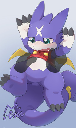anthro blue_eyes blush claws clothing crop_top disembodied_hand duo embarrassed grope groping_chest male purple_body shirt topwear wings a_midnight_cat bandai_namco digimon digimon_(species) gumdramon scalie hi_res