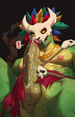 anthro balls barazoku belt big_penis biped bodily_fluids bone bone_mask bottomwear bottomwear_aside close-up clothed clothing clothing_aside cum cum_on_balls cum_on_penis erection exclamation_point genital_fluids genitals glans green_body green_skin humanoid_genitalia humanoid_penis jewelry leaking_cum loincloth loincloth_aside male mask mostly_nude multicolored_body muscular muscular_anthro muscular_male nipples partially_clothed pecs penis red_clothing simple_background skull skull_accessory skull_mask solo surprised torn_bottomwear torn_clothing two_tone_body vein veiny_penis yellow_body yellow_eyes yellow_skin ggan_ggandi european_mythology mythology terraria witch_doctor_(terraria) dragon mythological_creature mythological_scalie scalie western_dragon 2025 absurd_res hi_res