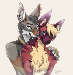 5_fingers anthro blonde_hair blue_eyes chest_tuft claws duo ear_piercing eyebrows eyelashes finger_claws fingers grey_hair hair inner_ear_fluff male male/male nude piercing pink_inner_ear romantic romantic_couple tan_inner_ear_fluff tuft whiskers white_inner_ear_fluff conditional_dnp puddingpaw canid canine mammal 2023 dated digital_media_(artwork) shaded