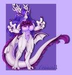 4_ears abs absurd_res anthro antlers big_breasts black_sclera breasts claws digital_drawing_(artwork) digital_media_(artwork) dragon ear_piercing ear_ring female fluffy fluffy_tail frozen_(hecatefroz) fur hair hecatefroz hi_res horn hybrid jewelry mammal multi_ear multi_wing muscular muscular_anthro mythological_creature mythological_scalie mythology nude piercing pinup pose purple_background purple_body purple_eyes purple_fur purple_hair ring_piercing scales scalie shaded signature simple_background smile solo tail thick_thighs wings