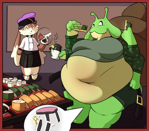 ambiguous_gender anthro belly belly_expansion belly_inflation big_belly big_breasts big_butt bloated breasts butt duo expansion feederism feeding food food_fetish huge_belly huge_thighs inflation male male/male moobs navel overweight overweight_anthro sound_effects stuffing sushi thick_thighs weight_gain phantomdgen alien gastropod lagomorph leporid mammal mollusk rabbit slug colored digital_drawing_(artwork) digital_media_(artwork)