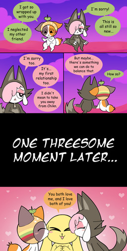 anthro clothed clothing costume dialogue female female/female fur group hair kissing male male/female offscreen_sex pink_body pink_hair polyamory text trio white_body white_fur white_wool wolf_costume wool_(fur) yellow_body vavacung chikn_nuggit cheezborger_(chikn_nuggit) chikn_nuggit_(chikn_nuggit) cofi_(chikn_nuggit) bovid calico_cat canid canine canis caprine domestic_cat domestic_dog felid feline felis mammal sheep absurd_res comic english_text hi_res