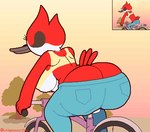 anthro beak bicycle big_butt blue_bottomwear blue_clothing blue_jeans blue_pants bottomwear breasts butt butt_cleavage clothed clothing crop_top denim denim_bottomwear denim_clothing eyelashes feathered_tail feathers female grey_beak jeans multicolored_body multicolored_feathers pants plant rear_view red_body red_feathers red_tail shirt shrub solo tail thick_thighs topwear tree two_tone_body two_tone_feathers under_boob vehicle white_body white_feathers yellow_clothing yellow_crop_top yellow_shirt yellow_topwear melomor cartoon_network regular_show margaret_smith_(regular_show) avian bird cardinal_(bird) oscine passerine 2023 absurd_res digital_media_(artwork) hi_res pixel_(artwork)