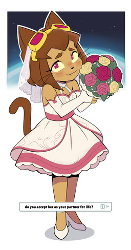 anthro blush bouquet breasts cleavage clothed clothing cosmic_background curvy_figure dress female first_person_view flower flower_bouquet footwear hourglass_figure looking_at_viewer love medium_breasts pattern_clothing pattern_dress planet plant rose_(flower) shoes solo space space_background star veil wedding_dress whiskers goz-o gameoverse glitch_productions kit_bodega domestic_cat felid feline felis mammal absurd_res hi_res