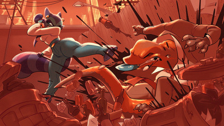 anthro blood blue_body blue_fur bodily_fluids bottomwear broken_teeth clothed clothed_anthro clothed_female clothed_male clothing denim denim_bottomwear denim_clothing duo female fight fur jeans kick male markings pants red_body red_scales ring_(marking) ringed_tail scales striped_markings striped_tail stripes tail tail_markings teeth tongue tongue_out trash_can squiderdoodle cazadora_(rentonreverb) lizard mammal procyonid raccoon reptile scalie 16:9 hi_res widescreen