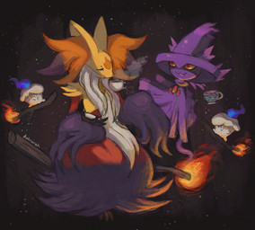 ambiguous_gender anthro beverage black_body black_fur container cosmic_background cup eyelashes eyes_closed fire fur group inner_ear_fluff multicolored_body one_eye_obstructed open_mouth orange_body orange_fur purple_body red_eyes star starry_background steam tea tuft white_body white_fur yellow_body yellow_eyes yellow_fur yellow_sclera dietranch nintendo pokemon pokemon_legends_z-a animate_inanimate generation_4_pokemon generation_5_pokemon generation_8_pokemon generation_9_pokemon litwick mega_delphox mega_evolution mismagius pokemon_(species) sinistea spirit 2025 hi_res signature