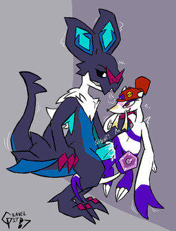 3_fingers 3_toes accessory alternate_color alternate_species anthro black_body black_scales black_sclera blue_body blue_penis blue_scales blue_underbelly bodily_fluids breath claws clothing cum cum_in_vagina cum_inside duo emanata eyeshadow feet female feral fingers flat_chested fur genital_fluids genitals hat headgear headwear impregnation long_neck makeup male male/female mane multicolored_body onomatopoeia ovum penis pin_accessory pin_button purple_body purple_eyeshadow purple_fur red_claws red_clothing red_eyes red_hat red_headwear scales semi-anthro sex size_difference sound_effects sperm_cell standing standing_sex tail text toe_claws toes vaginal_fluids vulva whiskers white_body white_fur white_mane gravel_pit_(artist) mythology nintendo pokemon sylvie_(wups) vinyl_(gravel_pit) bat dragon generation_5_pokemon generation_6_pokemon mammal mienshao mustelid musteline mythological_creature mythological_scalie noivern pokemon_(species) scalie true_musteline weasel digital_media_(artwork) hi_res signature