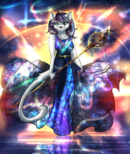 anthro clothing dress female fur glowing glowing_eyes grey_body grey_fur solo space staff universe aribear devidra_(jasonvuk666) deity felid feline mammal absurd_res hi_res huge_filesize