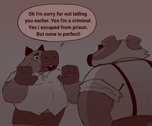 anthro biped bottomwear clothing duo male overweight overweight_male shirt shorts simple_background suspenders text topwear bencomedion beastly_crimes beastly_crimes_(2024) chief_badger fan_character badger capybara caviid mammal mustelid musteline rodent 2026 english_text hi_res